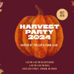 fall flier with brown and orange colors a leaf in each corner an orange pumpkin in the center with the words harvest party 2024 on October 4, 2024